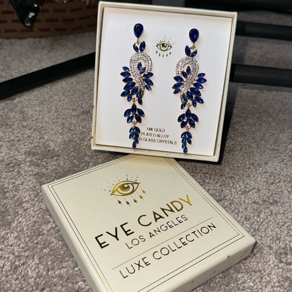 Eye Candy Luxe Blue Crystal Statement Drop Earrings 14K Gold Plated NWT